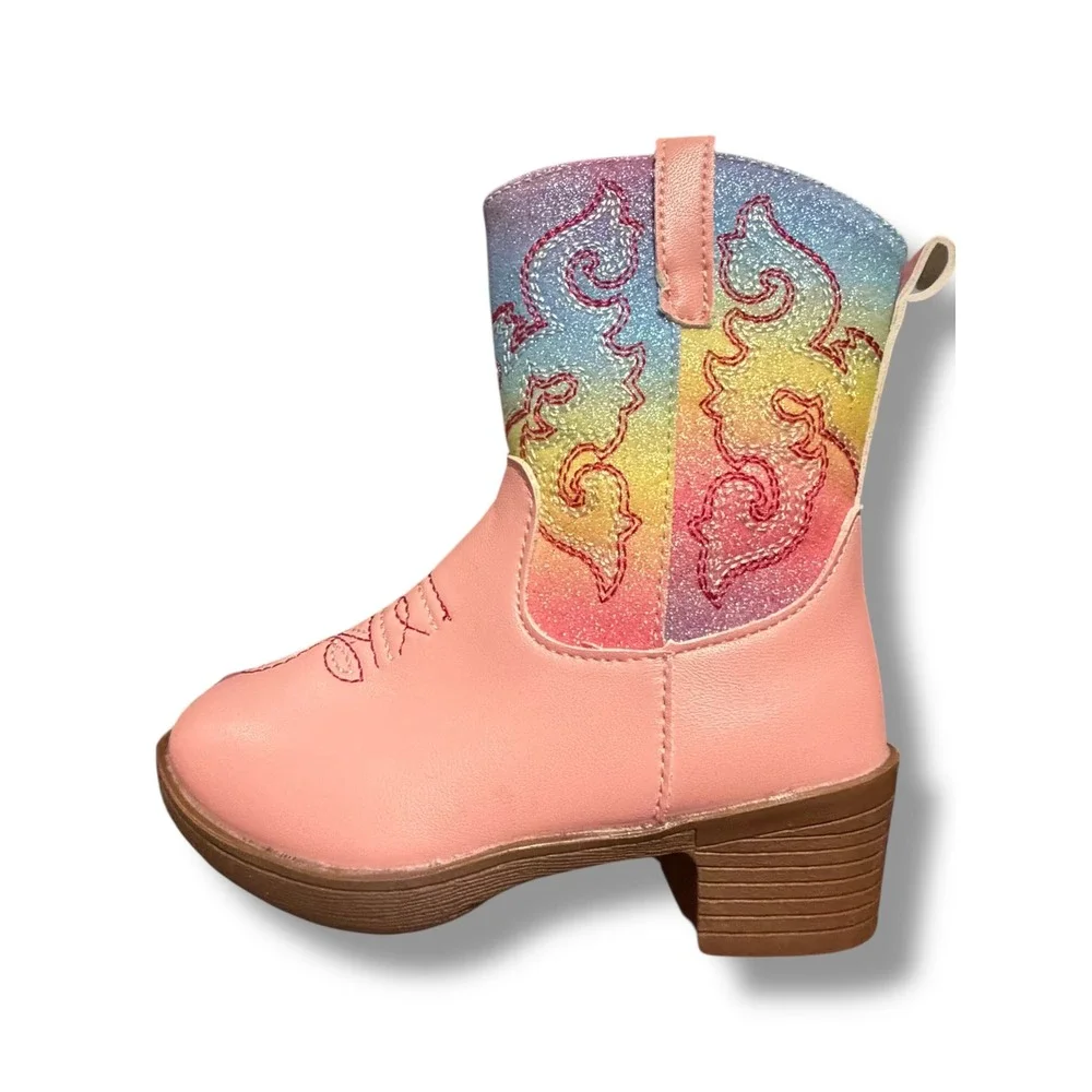 NIB Kids Pink Rainbow Glitter Cowboy Boots Side Zip Western Toddler Sz 7.5